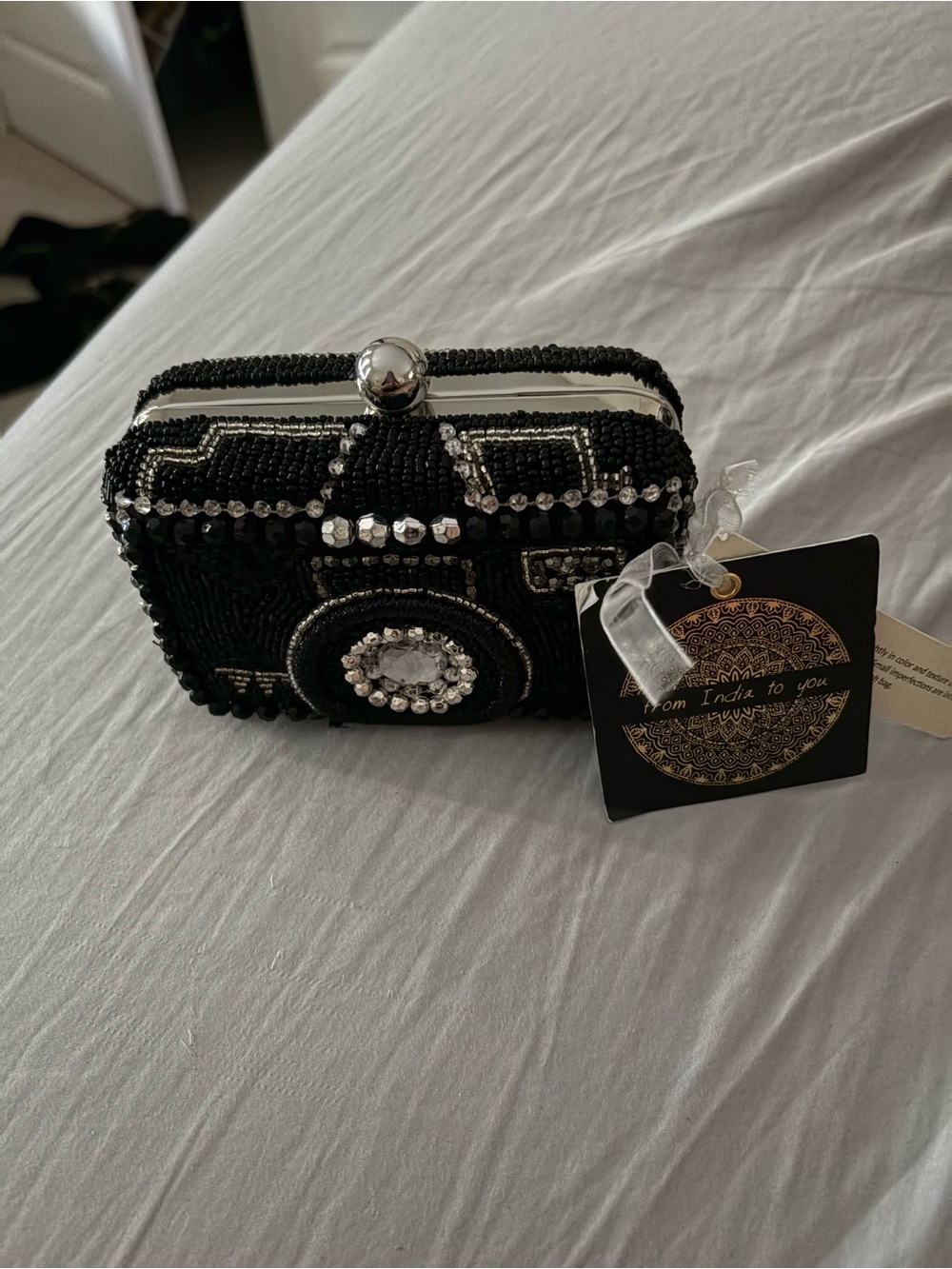 Black Beaded Camera Clutch with Crystal Accent - Picture 3 of 4